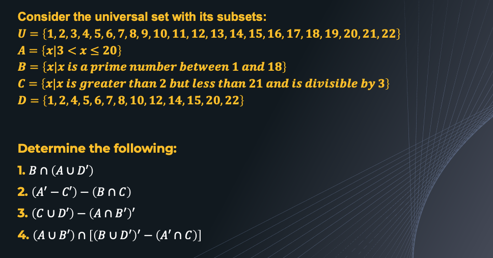 Consider The Universal Set With Its Subsets U 1 2 3 4 5 6 7 8 9 10 11 12 13 14 15 16 17 18 19 20 1
