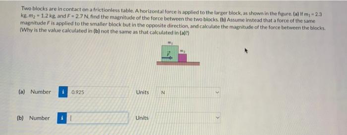 Two Blocks Are In Contact On A Frictionless Table A Horizontal Force Is Applied To The Larger Block As Shown In The Fi 1