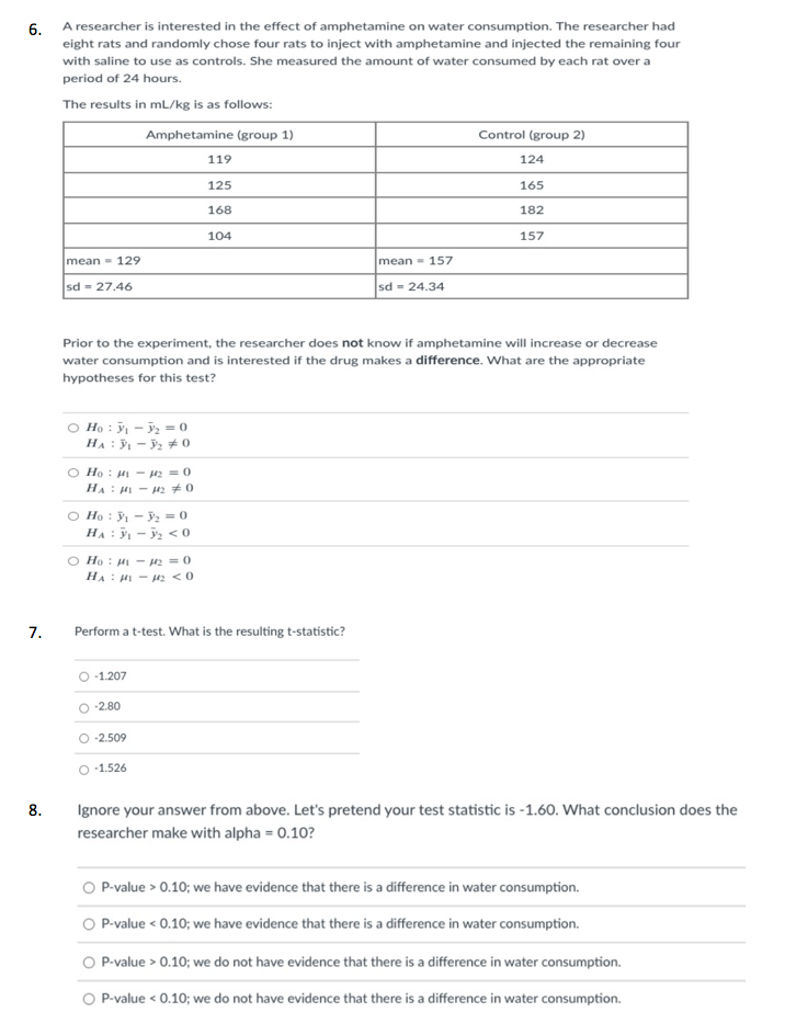 6 A Researcher Is Interested In The Effect Of Amphetamine On Water Consumption The Researcher Had Eight Rats And Rando 1