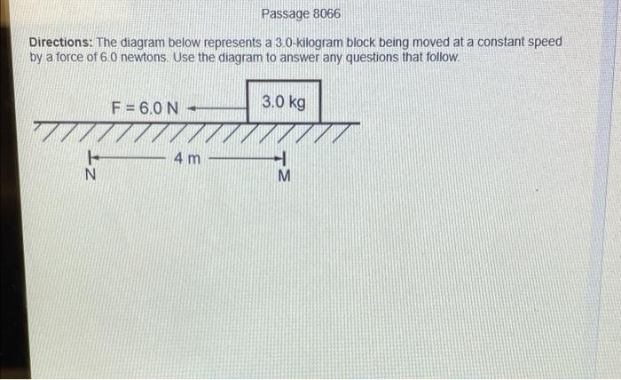 Passage 8066 Directions The Diagram Below Represents A 3 0 Kilogram Block Being Moved At A Constant Speed By A Force Of 1