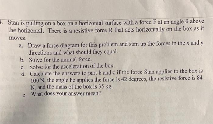 Stan Is Pulling On A Box On A Horizontal Surface With A Force F At An Angle 0 Above The Horizontal There Is A Resistive 1