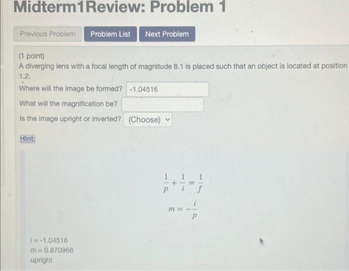 Midterm 1 Review Problem 1 Previous Problem Problem List Next Problem 1 Point A Diverging Lens With A Focal Length Of 1
