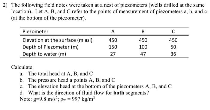 2 The Following Field Notes Were Taken At A Nest Of Piezometers Wells Drilled At The Same Location Let A B And C R 1