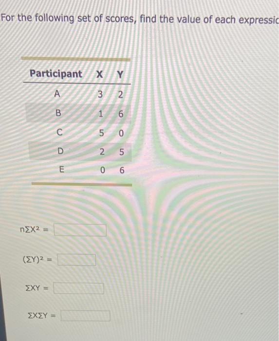 For The Following Set Of Scores Find The Value Of Each Expressic Participant X Y A 3 2 1 6 5 0 M 0 0 0 2 5 0 6 Nex2 1