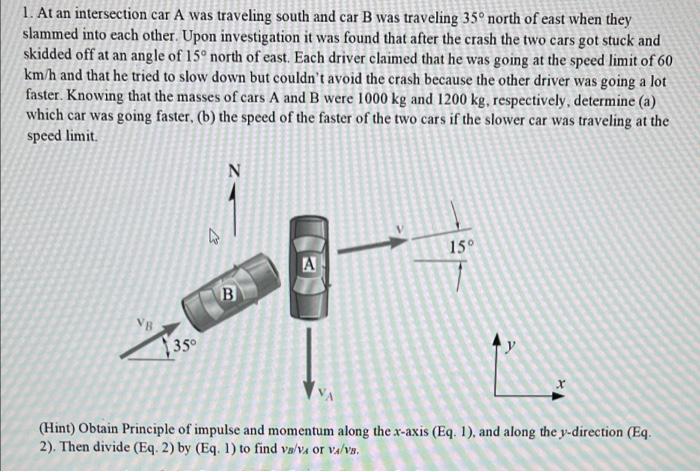 1 At An Intersection Car A Was Traveling South And Car B Was Traveling 35 North Of East When They Slammed Into Each Ot 1