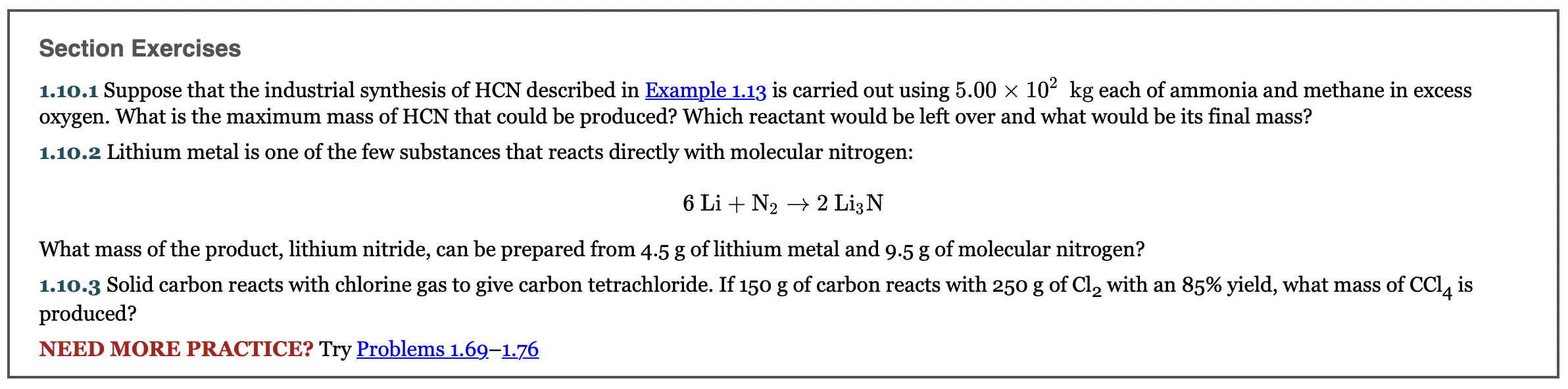 Section Exercises 1 10 1 Suppose That The Industrial Synthesis Of Hcn Described In Example 1 13 Is Carried Out Using 5 0 1