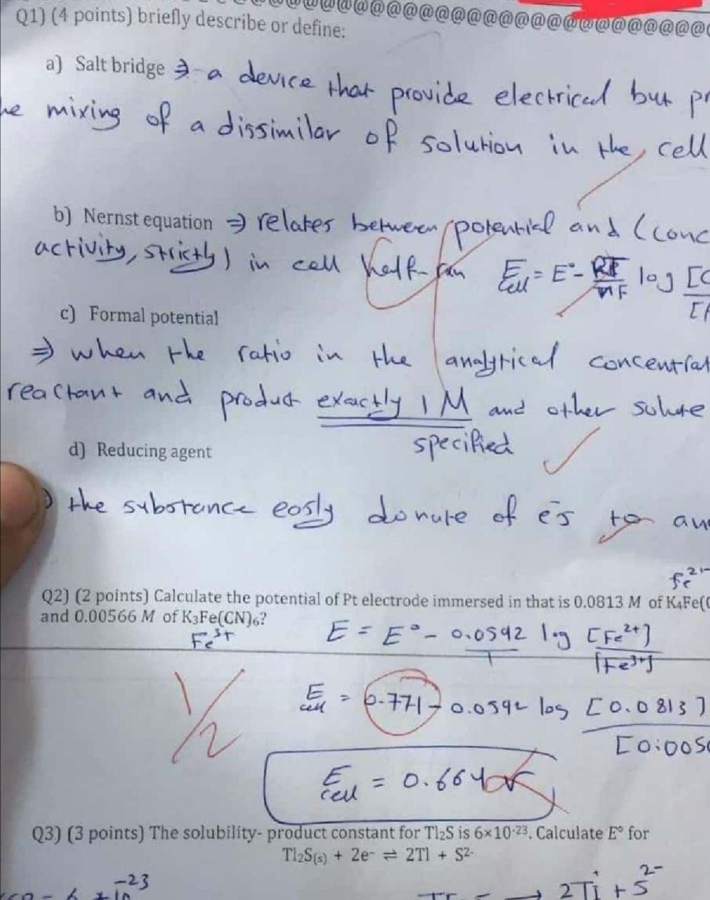 Q1 4 Points Briefly Describe Or Define A Salt Bridge 9 A Device That Provide Electriced But Pr He Mixing Of A A Dis 1