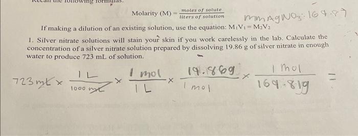 Mmagno 164 87 Ing Molarity M Moles Of Solute Liters Of Solution If Making A Dilution Of An Existing Solution Use Th 1