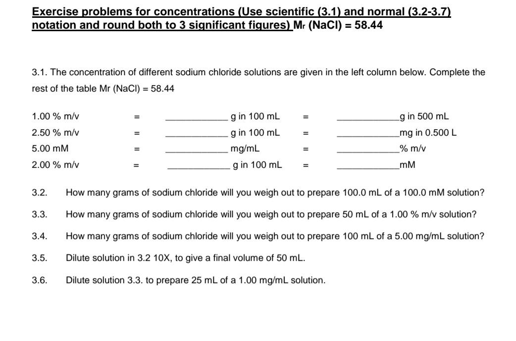 Exercise Problems For Concentrations Use Scientific 3 1 And Normal 3 2 3 7 Notation And Round Both To 3 Significant 1