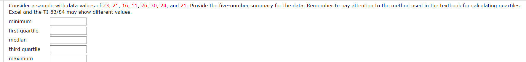 Consider A Sample With Data Values Of 23 21 16 11 26 30 24 And 21 Provide The Five Number Summary For The Data 1