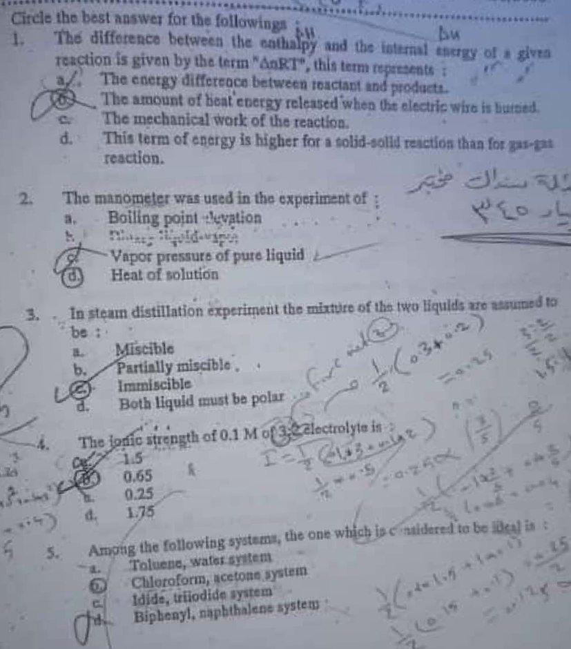 Be Circle The Best Answer For The Followings 1 The Difference Between The Nathalpy And The Internal Energy Of Glue Toac 1