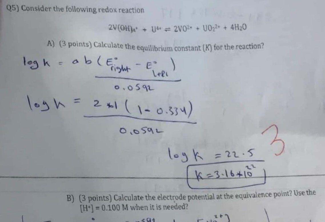 Q5 Consider The Following Redox Reaction 2v Oh U 2v02 U022 4h20 A 3 Points Calculate The Equilibrium Con 1