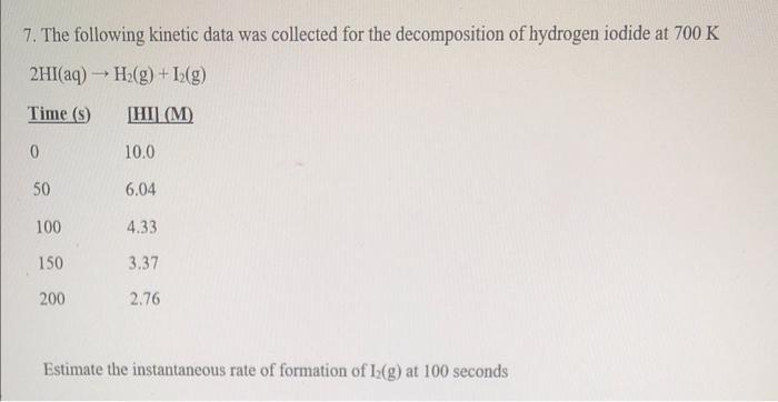 7 The Following Kinetic Data Was Collected For The Decomposition Of Hydrogen Iodide At 700 K 2hl Aq H2 G 13 G Tim 1
