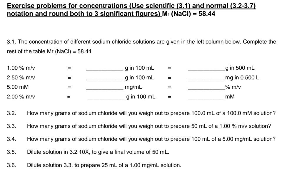 Exercise Problems For Concentrations Use Scientific 3 1 And Normal 3 2 3 7 Notation And Round Both To 3 Significant 1