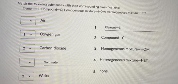 Match The Following Substances With Their Corresponding Classifications Element E Compound C Homogeneous Mixture Hom 1