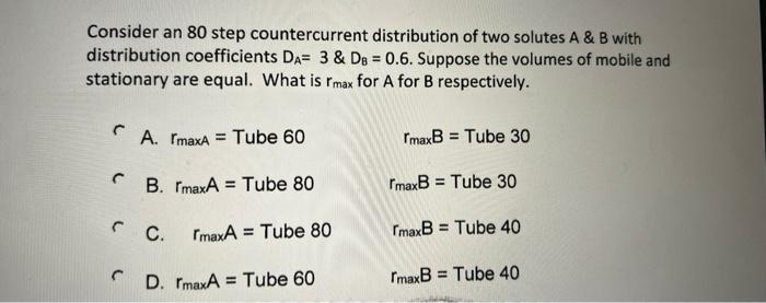 Consider An 80 Step Countercurrent Distribution Of Two Solutes A B With Distribution Coefficients Da 3 De 0 6 Su 1
