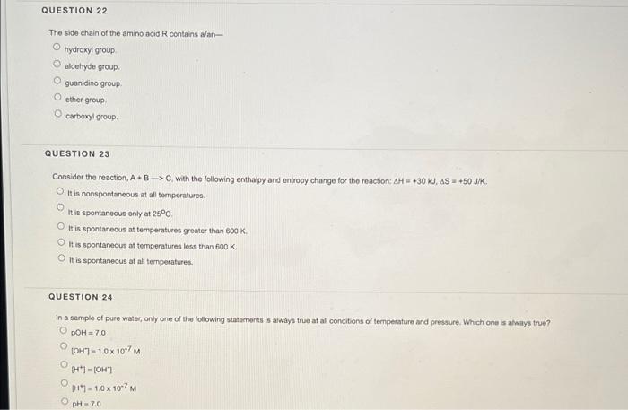 Question 22 The Side Chain Of The Amino Acid Contains Aan Hydroxyl Group Aldehyde Group Guanidino Group Other Group O C 1