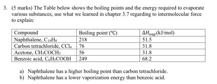 3 5 Marks The Table Below Shows The Boiling Points And The Energy Required To Evaporate Various Substances Use What 1