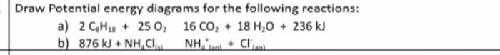 Draw Potential Energy Diagrams For The Following Reactions A 2 Ch18 250 16 Co2 18 H 0 236 Kj B 876 Kj Nh C N 1