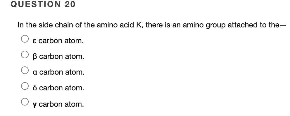 Question 20 In The Side Chain Of The Amino Acid K There Is An Amino Group Attached To The E Carbon Atom Ss Carbon Atom 1