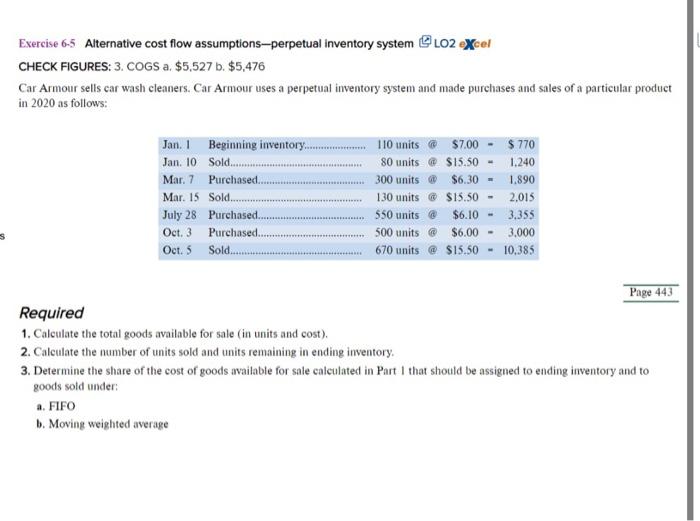 Exercise 6 5 Alternative Cost Flow Assumptions Perpetual Inventory System L02 Excel Check Figures 3 Cogs A 5 527 B 1