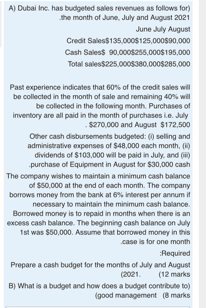 A Dubai Inc Has Budgeted Sales Revenues As Follows For The Month Of June July And August 2021 June July August Cred 1