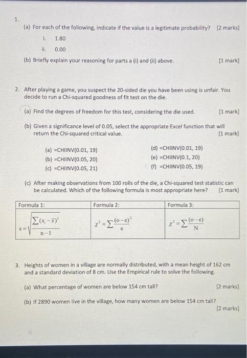 1 A For Each Of The Following Indicate If The Value Is A Legitimate Probability 2 Marks I 1 80 11 0 00 B Brie 1