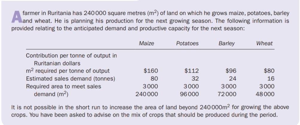 Farmer In Ruritania Has 240 000 Square Metres M2 Of Land On Which He Grows Maize Potatoes Barley And Wheat He Is Pl 1