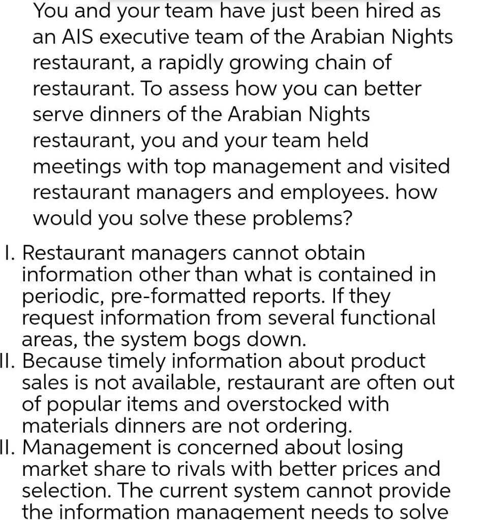 You And Your Team Have Just Been Hired As An Ais Executive Team Of The Arabian Nights Restaurant A Rapidly Growing Chai 1