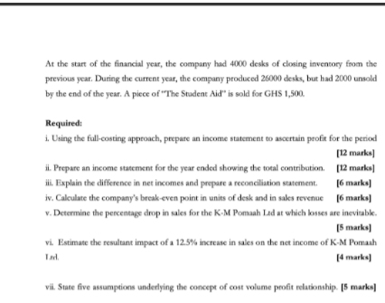 At The Start Of The Financial Year The Company Had 4000 Desks Of Closing Inventory From The Previous Year During The C 1