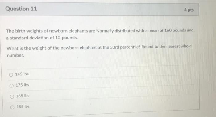 Question 11 4 Pts The Birth Weights Of Newborn Elephants Are Normally Distributed With A Mean Of 160 Pounds And A Standa 1
