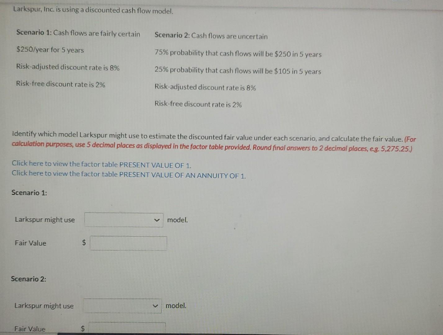 Larkspur Inc Is Using A Discounted Cash Flow Model Scenario 1 Cash Flows Are Fairly Certain Scenario 2 Cash Flows A 1