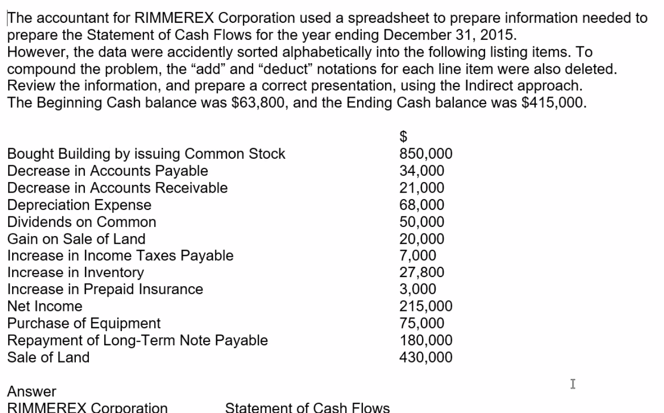 The Accountant For Rimmerex Corporation Used A Spreadsheet To Prepare Information Needed To Prepare The Statement Of Cas 1