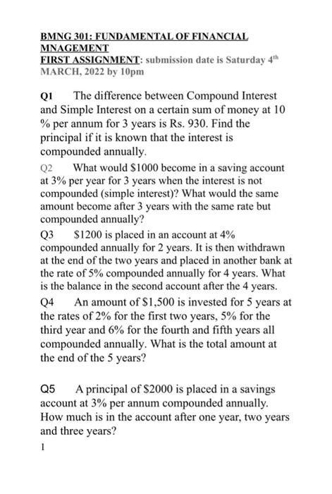 Bmng 301 Fundamental Of Financial Mnagement First Assignment Submission Date Is Saturday 4th March 2022 By 10pm Q1 Th 1
