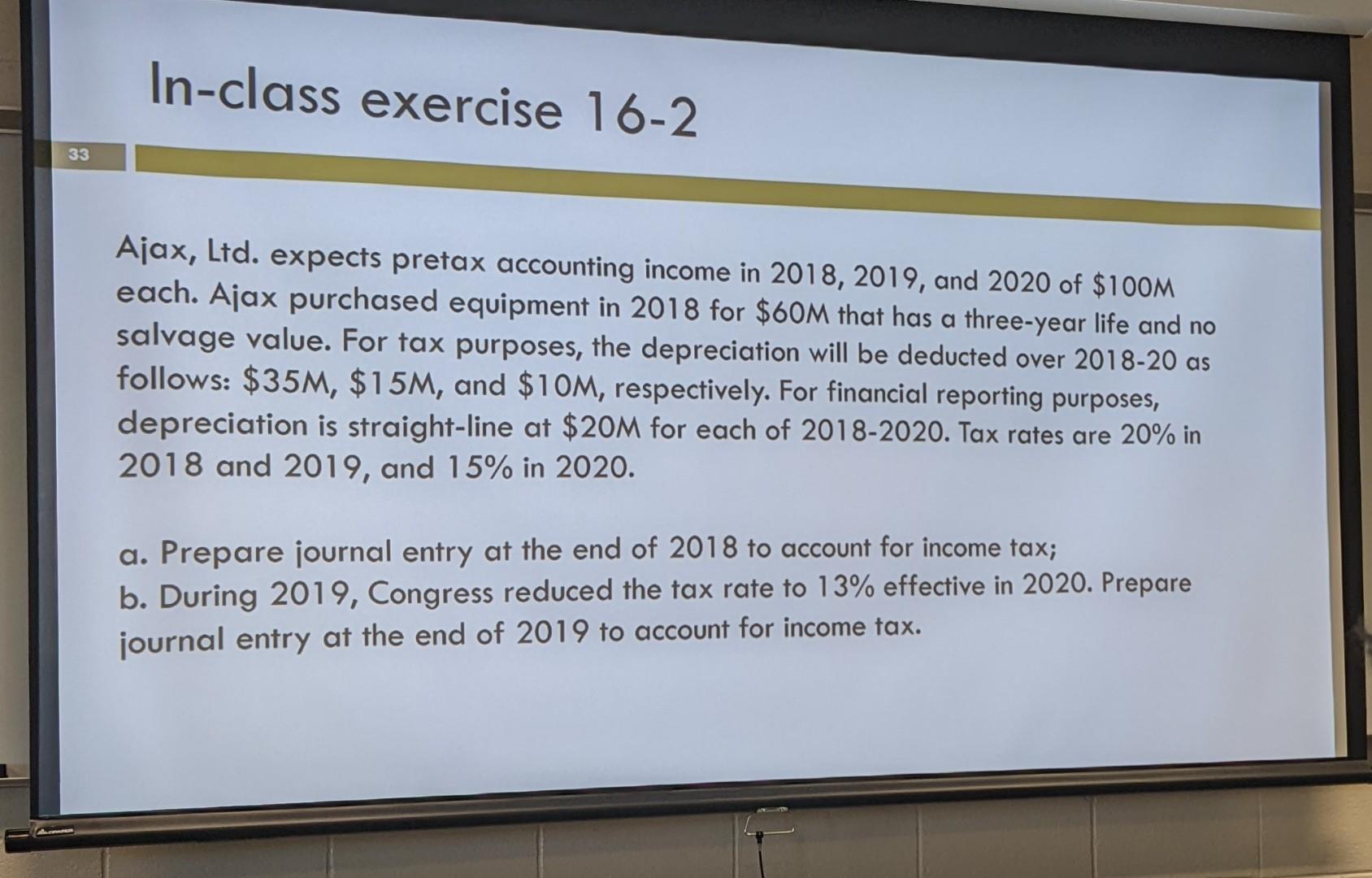In Class Exercise 16 2 33 Ajax Ltd Expects Pretax Accounting Income In 2018 2019 And 2020 Of 100m Each Ajax Purcha 1