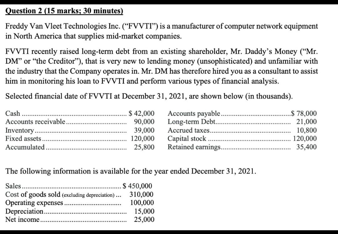 Question 2 15 Marks 30 Minutes Freddy Van Vleet Technologies Inc Fvvti Is A Manufacturer Of Computer Network Equ 1