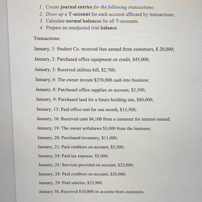 1 Create Journal Entries For The Following Transactions 2 Draw Up A T Account For Each Account Affected By Transactio 1