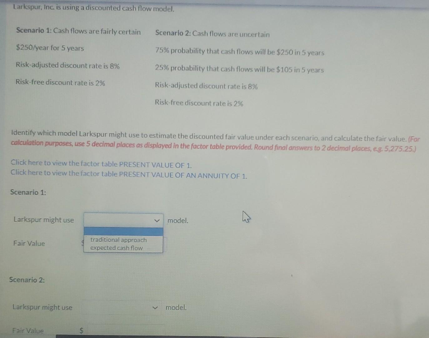 Larkspur Inc Is Using A Discounted Cash Flow Model Scenario 1 Cash Flows Are Fairly Certain Scenario 2 Cash Flows A 1