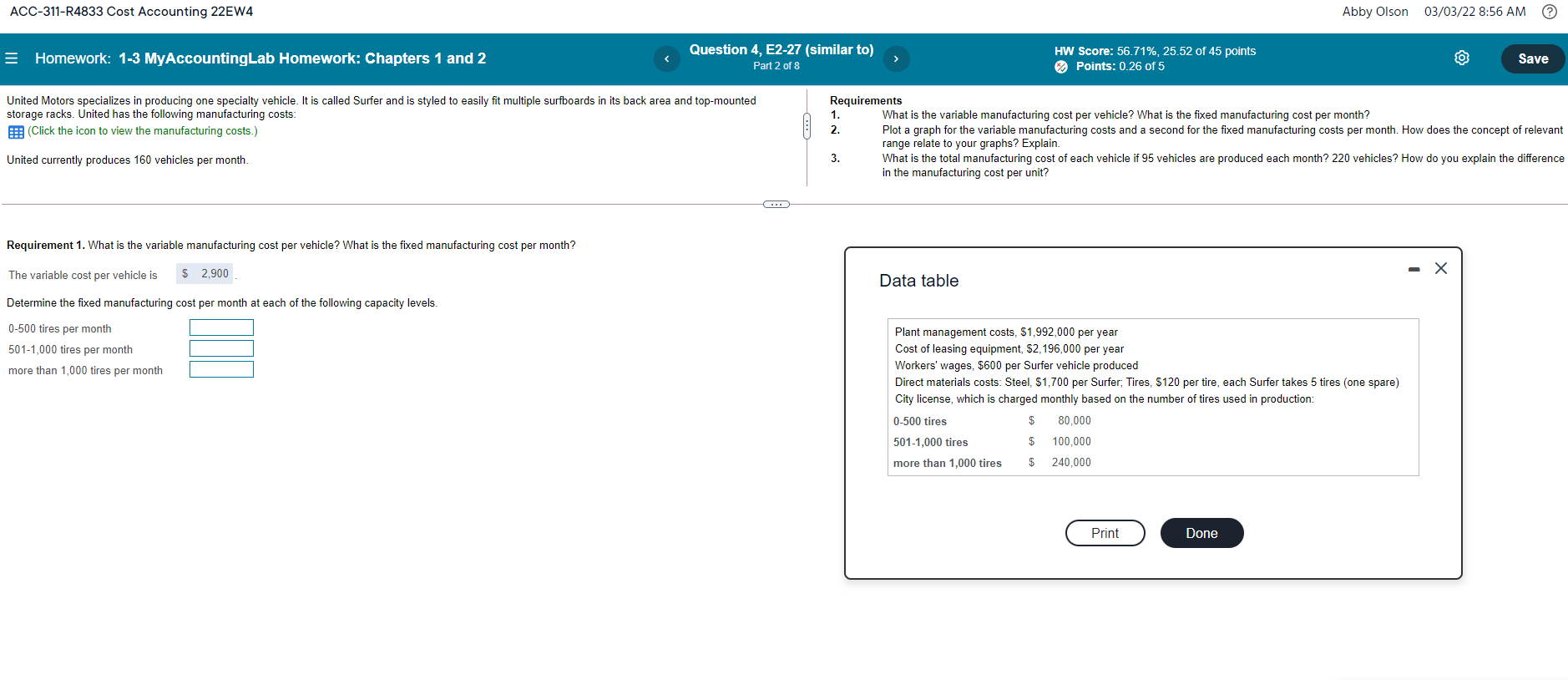 Acc 311 R4833 Cost Accounting 22ew4 Abby Olson 03 03 22 8 56 Am Homework 1 3 My Accountinglab Homework Chapters 1 An 1