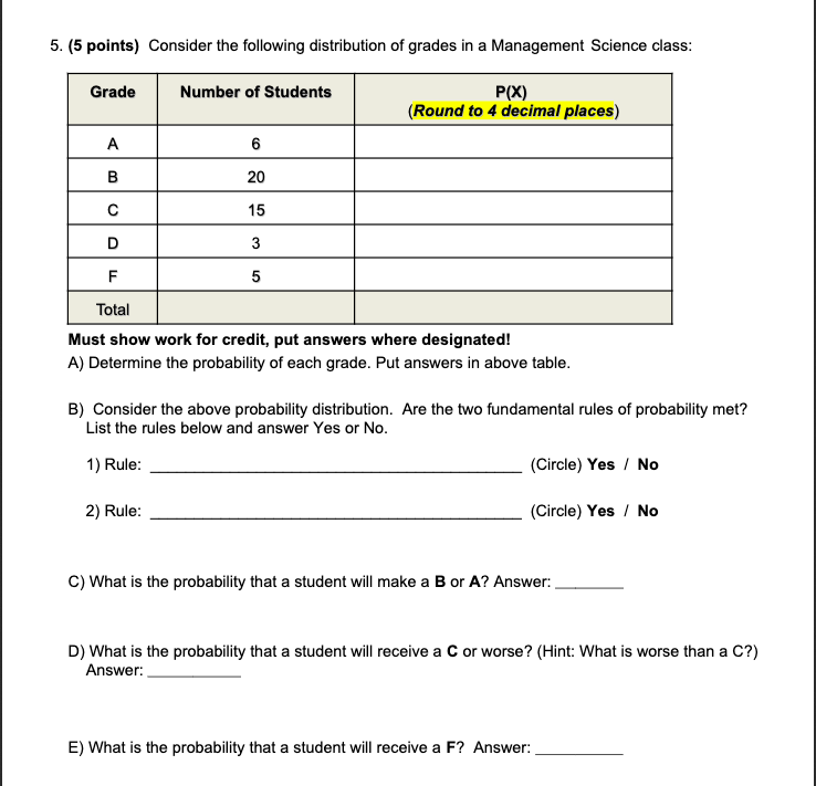 5 5 Points Consider The Following Distribution Of Grades In A Management Science Class Grade Number Of Students P X 1