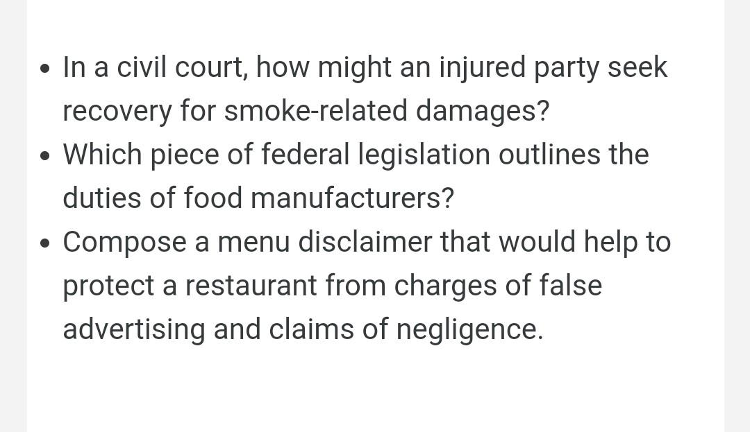 In A Civil Court How Might An Injured Party Seek Recovery For Smoke Related Damages Which Piece Of Federal Legislati 1