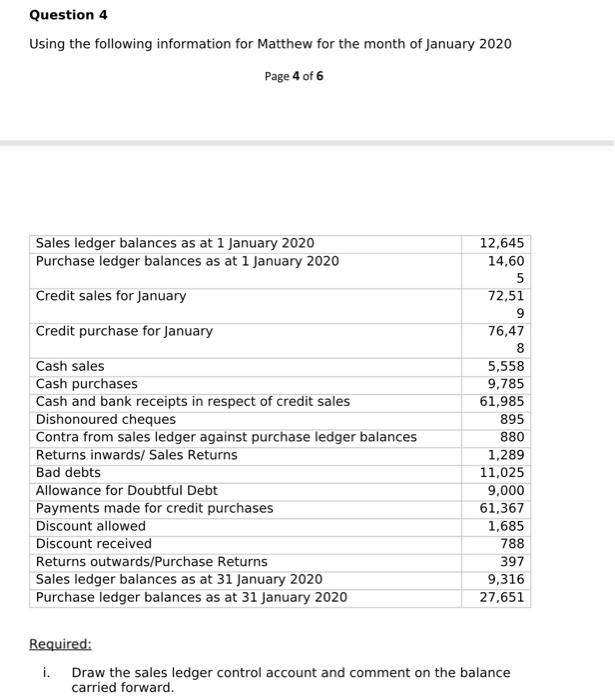 Question 4 Using The Following Information For Matthew For The Month Of January 2020 Page 4 Of 6 Sales Ledger Balances A 1