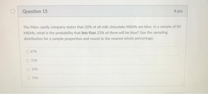 Question 15 4 Pts The Mars Candy Company States That 20 Of All Milk Chocolate M Ms Are Blue In A Sample Of 80 M Ms Wh 1