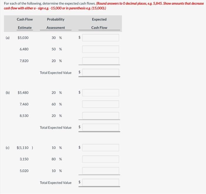 For Each Of The Following Determine The Expected Cash Flows Round Answers To Decimal Places E G 5 845 Show Amounts 1