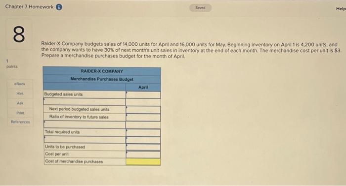 Chapter 7 Homework Saved Help 8 Raider X Company Budgets Sales Of 14 000 Units For April And 16 000 Units For May Begin 1