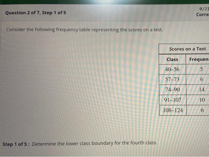 Question 2 Of 7 Step 1 Of 5 21 Corre Consider The Following Frequency Table Representing The Scores On A Test Scores 1