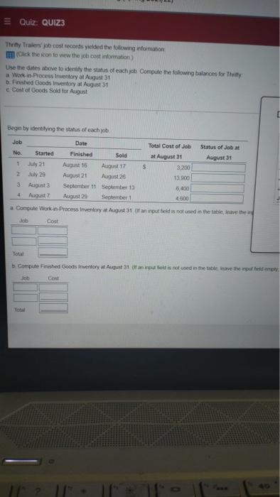 Quiz Quiz3 Thrifty Trailers Job Cost Records Yielded The Following Information Click The Icon To View The Job Cest Info 3