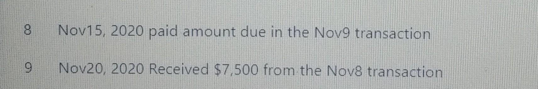 8 Nov15 2020 Paid Amount Due In The Nov9 Transaction 9 9 Nov20 2020 Received 7 500 From The Nov8 Transaction 8 Nov1 1