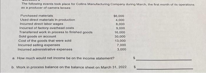 The Following Events Took Place For Collins Manufacturing Company During March The First Month Of Its Operations As A P 1