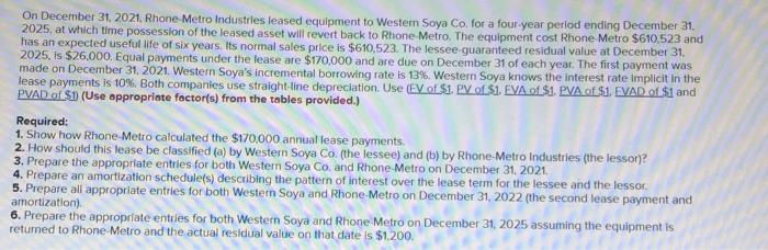 On December 31 2021 Rhone Metro Industries Leased Equipment To Westem Soya Co For A Four Year Period Ending December 3 1